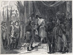 Napoléon Bonaparte (1769-1821) remet le traité de Campoformio aux membres du Directoire le 10 décembre 1797. Ce traité entre la France et l