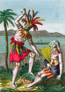 Habitants indigènes des îles Marquises, illustration de Histoire des Voyages Autour du Monde par J. Dufay, publié par Courvalet & Co., Paris, 1826 (gravure en couleur)