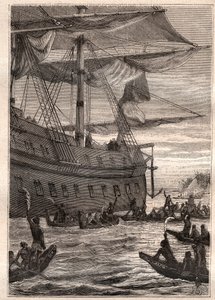Les indigènes tenant des branches de bananiers en main : voyage de Samuel Wallis (1728-1795) en Polynésie - illustration tirée de "Les grands marins du XVIIIe siècle" - French School