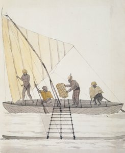 Autochtones des Îles Basses et canoë à voile équilibrée, aquarelle de Jules-Louis Lejeune, du Voyage de Duperrey