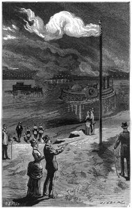 Éclairage au gaz naturel en Pennsylvanie (États-Unis), près de Pittsburgh. Gravure dans "La Nature. Revue des sciences et de ses applications aux arts et à l