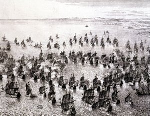 Bataille navale - gravure - French School
