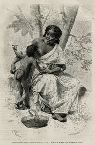 Négillon fumant et prenant le sein de sa mère, dans la région du Darién (est du Panama), gravure d