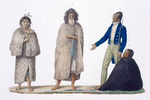 Indigènes néo-zélandais en tenue indigène et occidentale, 1826 - French School
