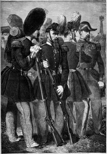 Nouveaux uniformes de la garde impériale française en 1860. Gravure dans « Le Monde Illustré » n°165 du 9 juin 1860.