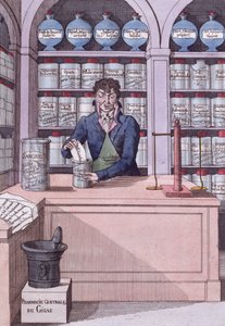 Dispensaire de journaux sous Napoléon, ou le Chimiste Académicien, caricature représentant la Presse écrasée par Napoléon - French School