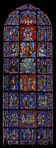 Notre Dame de la Belle Verrière ; en dessous, scènes des Noces de Cana et de la tentation du Christ dans le désert - French School