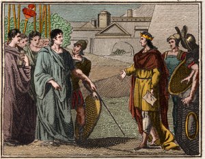 Numa Pompilius, légendaire deuxième roi de Rome, rend le bouclier sacré aux prêtres de Mars - French School