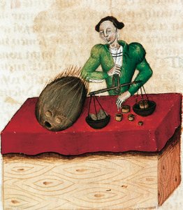 Marchand de muscade, miniature du Tractatus de herbis, France, XVe siècle - French School
