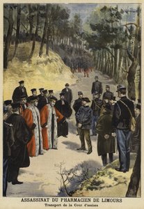 Officiers de la cour visitant la scène du meurtre de M. Kauffmann, pharmacien de Limours, près de Royat, France, 1897 - French School