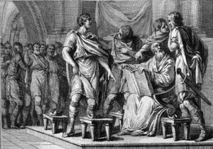 À la mort de Clotaire Ier, roi des Francs, ses quatre fils reçoivent chacun une partie du royaume. Leurs noms sont Caribert Ier ou Charibert (vers 520-567), Gontran Ier (vers 545-592), Sigebert Ier (535-575) et Chilpéric Ier (vers 539-584). Gravure.