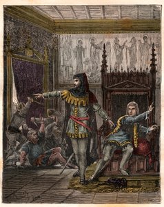 La guerre de Cent Ans : Le dauphin Charles (puis Charles V) (1338-1380) et Étienne Marcel (1302/1310-1358) qui a assassiné deux ministres (maréchaux) Robert de Clermont et Jean de Conflans dans la chambre du dauphin français - French School