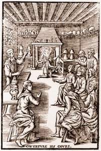 Ouverture du cours de chimie transmutatoire - gravure de 1653 dans "LE VRAY ET METHOD COURSES DE PHYSICS RESOLUTIVE" par Annibal Barlet - French School