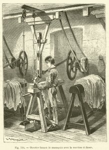 Ouvrier lissant le maroquin avec la machine a lisser - French School