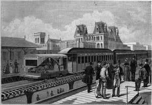 Aperçu de la gare du chemin de fer surélevé et du train électrique à New York, USA. Gravure dans « La Nature. Revue des sciences et de ses applications aux arts et à l