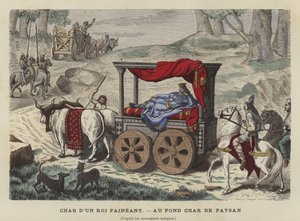 Charrette à bœufs transportant un roi allongé - French School