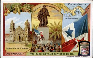 Panama : la cathédrale, la statue de Colomb, le drapeau - chromo. - French School
