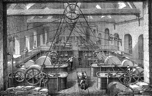 Industrie du papier : atelier de raffinage et de blanchiment de la pâte à papier. Gravure 1867