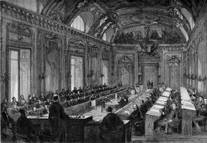 Paris, 4 août 1871 : première réunion du conseil municipal dans la salle du Trône du Palais du Luxembourg. Gravure dans "Le Monde Illustré" n°748 du 12 août 1871 - French School