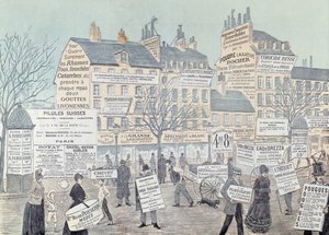 Scène de rue parisienne avec de nombreuses publicités, principalement pour des médicaments, 1885 (gravure en couleur)