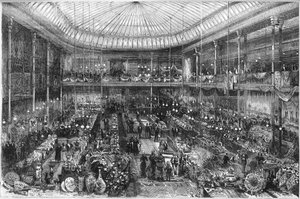 Grands magasins parisiens : vue de la salle du magasin du Petit Saint Thomas en 1878. Gravure par Scott dans "Le Monde Illustré" n°1124 du 12 octobre