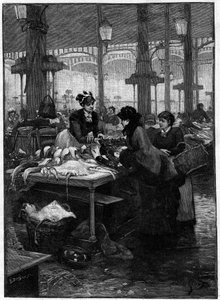 Scène parisienne au XIXe siècle : un marchand de poissons et un client aux Halles centrales. Dernière gravure d