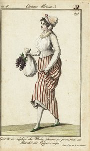 Jeune fille parisienne en robe de matin décontractée, 26 mars 1798 (gravure sur cuivre coloriée à la main) - French School