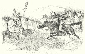 Cavalerie parthe attaquant des légionnaires romains - French School