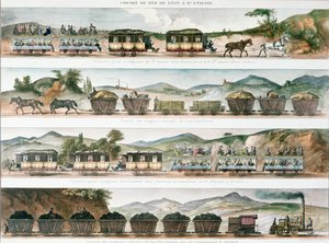 Passagers et marchandises sur la première ligne française ouverte entre Lyon et Saint-Étienne, 1829 (lithographie en couleur) - French School