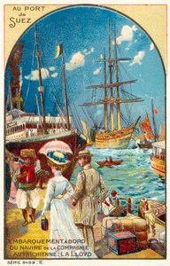 Passagers embarquant sur un navire de la ligne Austrian Lloyd au port de Suez, Égypte - French School