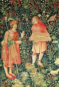 Paysanne portant un plateau de jeu de marelle, de Jeu de Marelle et Cueillette de Fruits, Atelier de la Loire, 1510 - French School