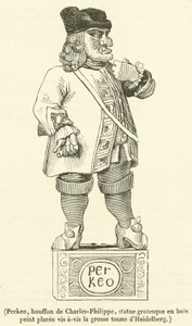 Perkeo, bouffon de Charles-Philippe, statue grotesque en bois peint placée vis-à-vis la grosse tonne d