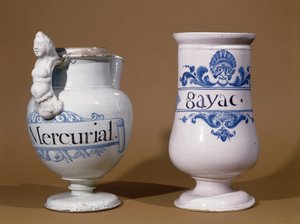 Pots pharmaceutiques pour Mercurial et Gayac, deux médicaments utilisés pour traiter la syphilis, fin 17e siècle ou début 18e siècle (céramique) - French School