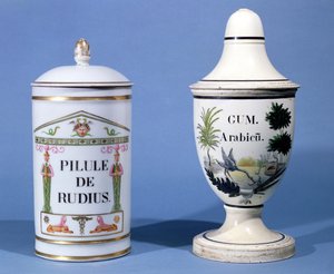 Pots pharmaceutiques pour Pilule de radius et Gomme arabique (faïence) - French School