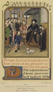 Philippe le Bon, duc de Bourgogne, assis sur une estrade recevant un livre, 15ème siècle - French School