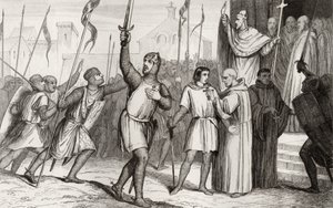 Philippe I (1052-1108) et le pape Urbain II (c.1035-99) rallient des partisans pour la Première Croisade en 1095, de 