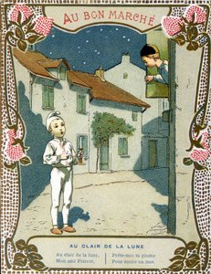 Pierrot à la chandelle, "Au clair de la lune" - étiquette de "Le Bon Marché" - French School