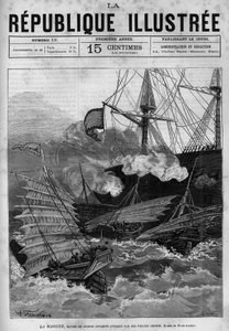 Piratage : le navire de guerre annamite « La Magune » attaqué par des pirates chinois. Un journal. Gravure de 1880 dans « La république illustrée » collection privée. - French School