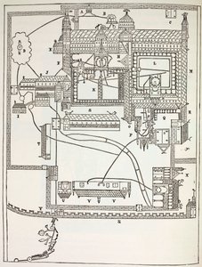 Plan du monastère bénédictin de Canterbury au XIIe siècle, de la Vie militaire et religieuse au Moyen Âge par Paul Lacroix, publié à Londres vers 1880