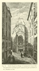 Pointe du pont au Change et monument de Louis XIII, Vue prise de la rue formée par les maisons du pont au XVIIIe siècle, démolies en 1788 - French School