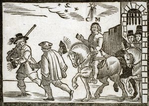 Pamphlets politiques Mazarinade : Mazarin fuit Paris à cheval, en pleine nuit, précédé de deux valets portant des lanternes. Gravure sur bois 1651 - French School