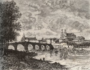 Pont-à-Mousson - Meurthe-et-Moselle - gravure dans « La France illustrée : géographie, histoire, administration statistique » par V.-A. Malt-Brown. 1884 - French School