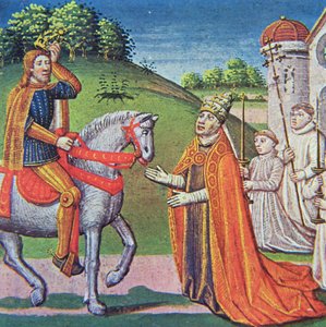 Le pape Adrien I rencontrant Charlemagne, miniature tirée des 