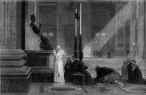 Le Pape Pie IX (1792-1878) priant près de la statue de Saint Pierre dans la Basilique Saint-Pierre de Rome. Gravure de "Rome : description et souvenirs" par Francis Wey, années 1870. - French School