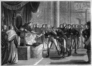 Le pape Pie VII (1742-1823) recevant à Rome les marins français membres des équipages des deux bricks « Saint Pierre » et « Saint Paul » offerts en cadeau au pape par Bonaparte, août 1802 - Gravure de 1865 dans « Histoire du Consulat et de l