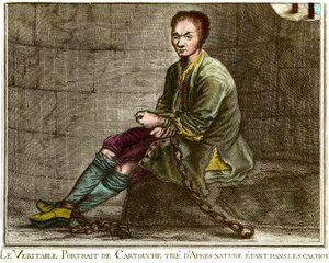 Portrait en pied de Louis Dominique Cartouche (1693-1721), brigand français dans son cachot Gravure du 18ème siècle Collection privée