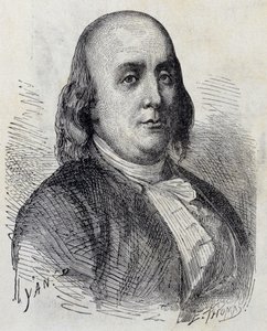 Portrait de Benjamin Franklin (1706 - 1790), homme politique américain, mémorialiste, pamphlétaire et physicien - dans "Album de la Science; savants illustres; Grandes découvertes" 1896. - French School