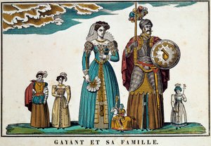 Portrait de Gayant, un géant symbolisant la ville de Douai, représenté avec sa famille : sa femme, Marie Cagenon, et ses trois enfants, Jacquot, Fillon et Binbin. Gravure du XVIIIe siècle, imagerie par Belfort. Collection Ferrand - French School