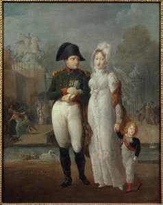 Portrait de Napoléon Ier (1769-1821) et Marie-Louise avec leur fils, le roi de Rome Napoléon II, duc de Reichstadt dans les jardins des Tuileries. Peinture anonyme - French School