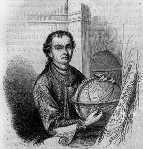 Portrait de Pierre Anich (1723-1766), astronome et cartographe tyrolien, tenant un globe et un compas. Gravure dans "Le Magasin pittoresque" - French School